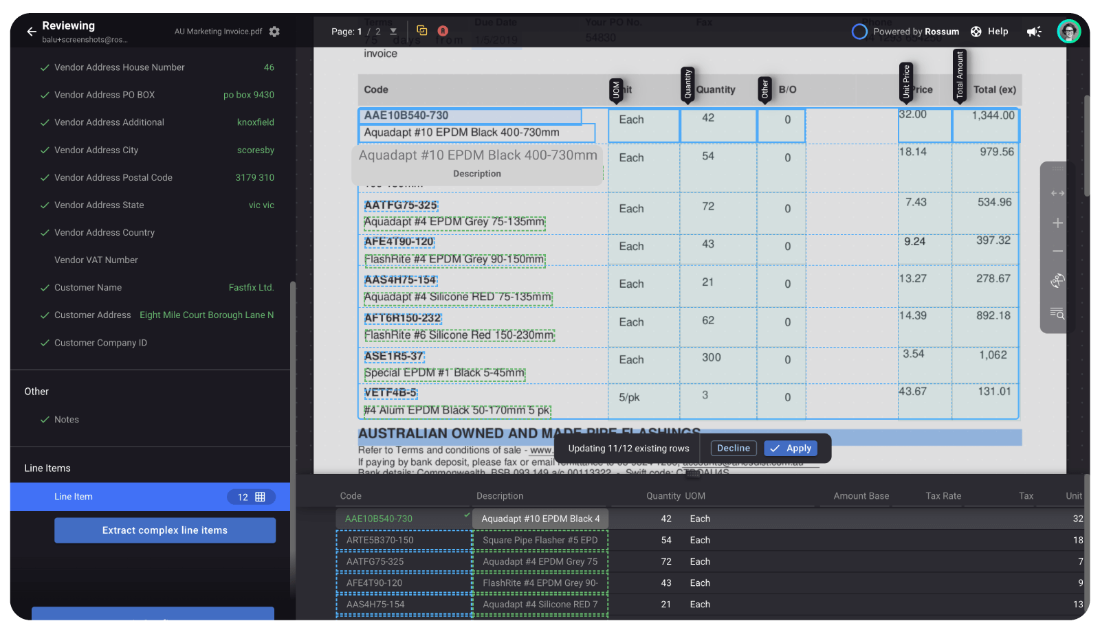 Complex line items captured in Rossum's AI document processing platform.