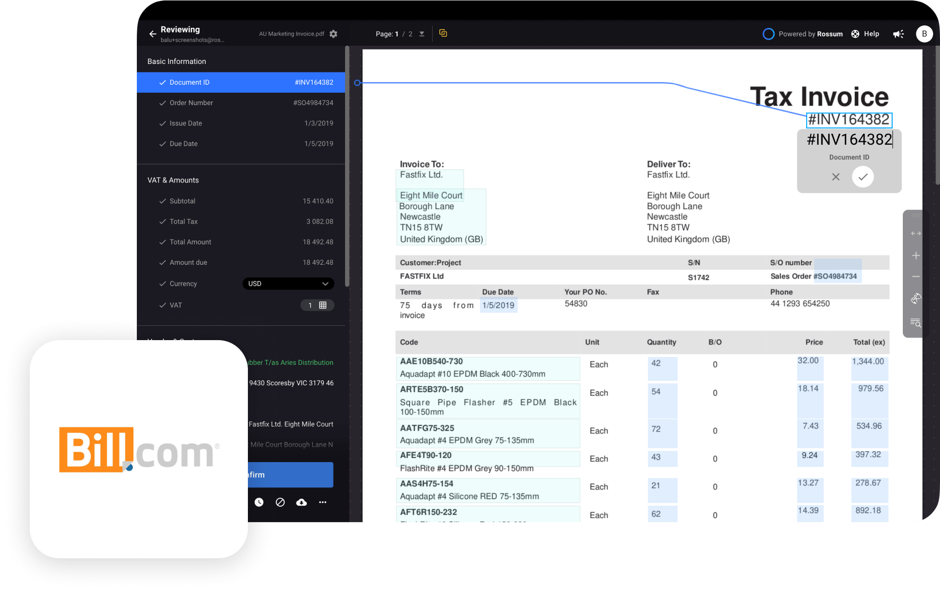 Bill.com + rossum integration