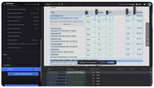 Complex line items captured in Rossum's AI document processing platform.