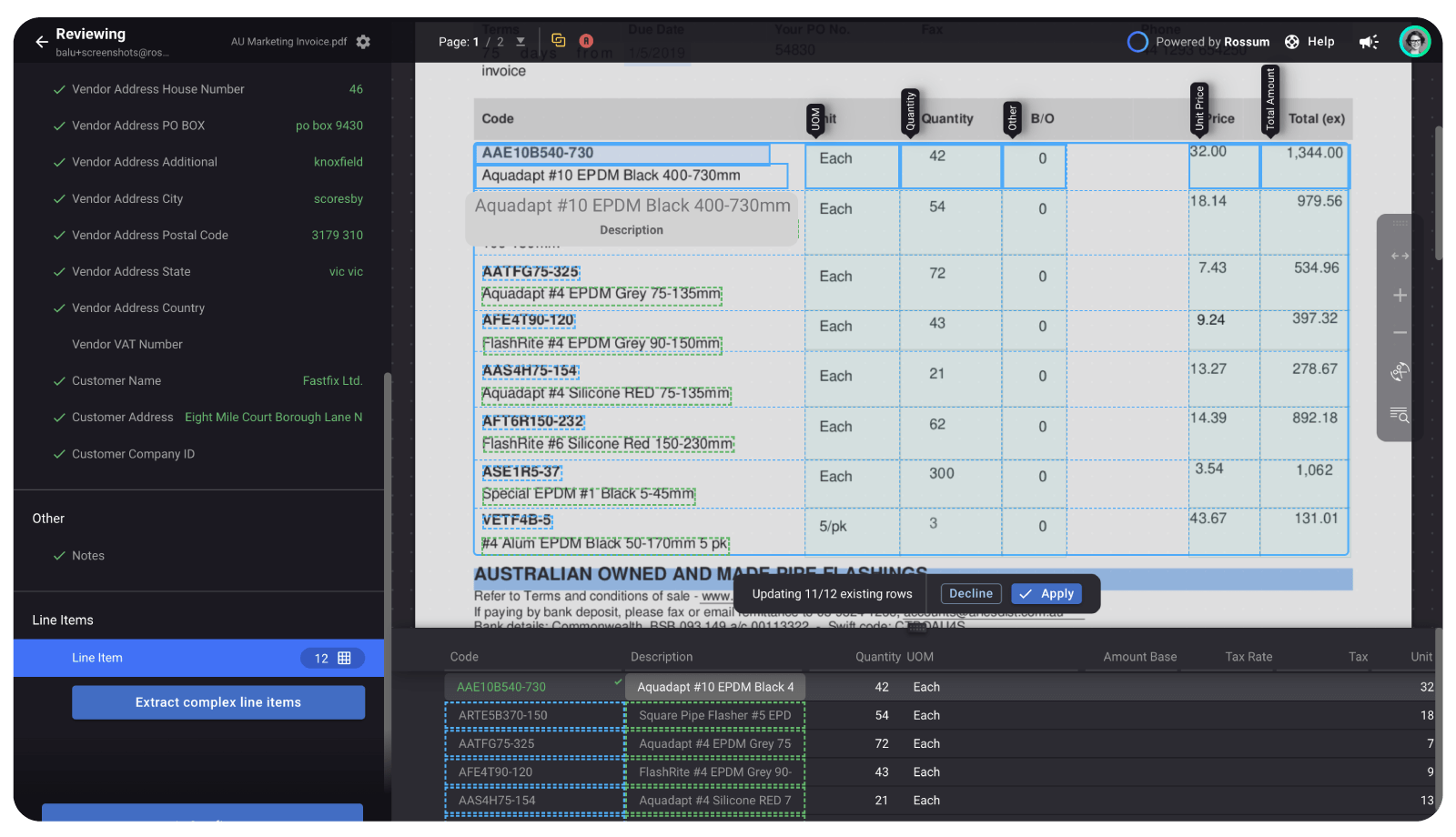 Complex line items captured in Rossum's AI document processing platform.