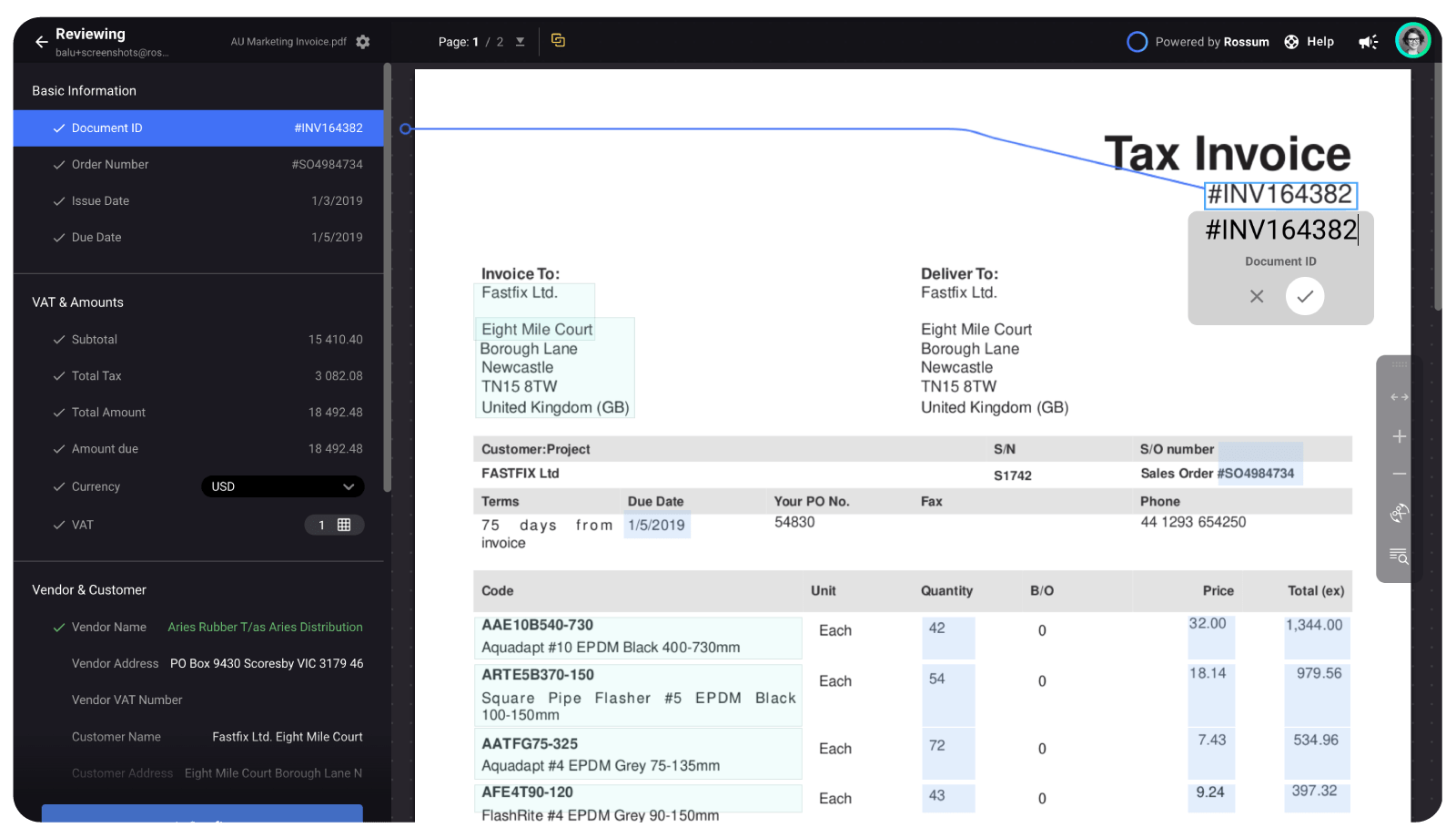 Validation of data from a tax invoice in Rossum's AI document processing platform.