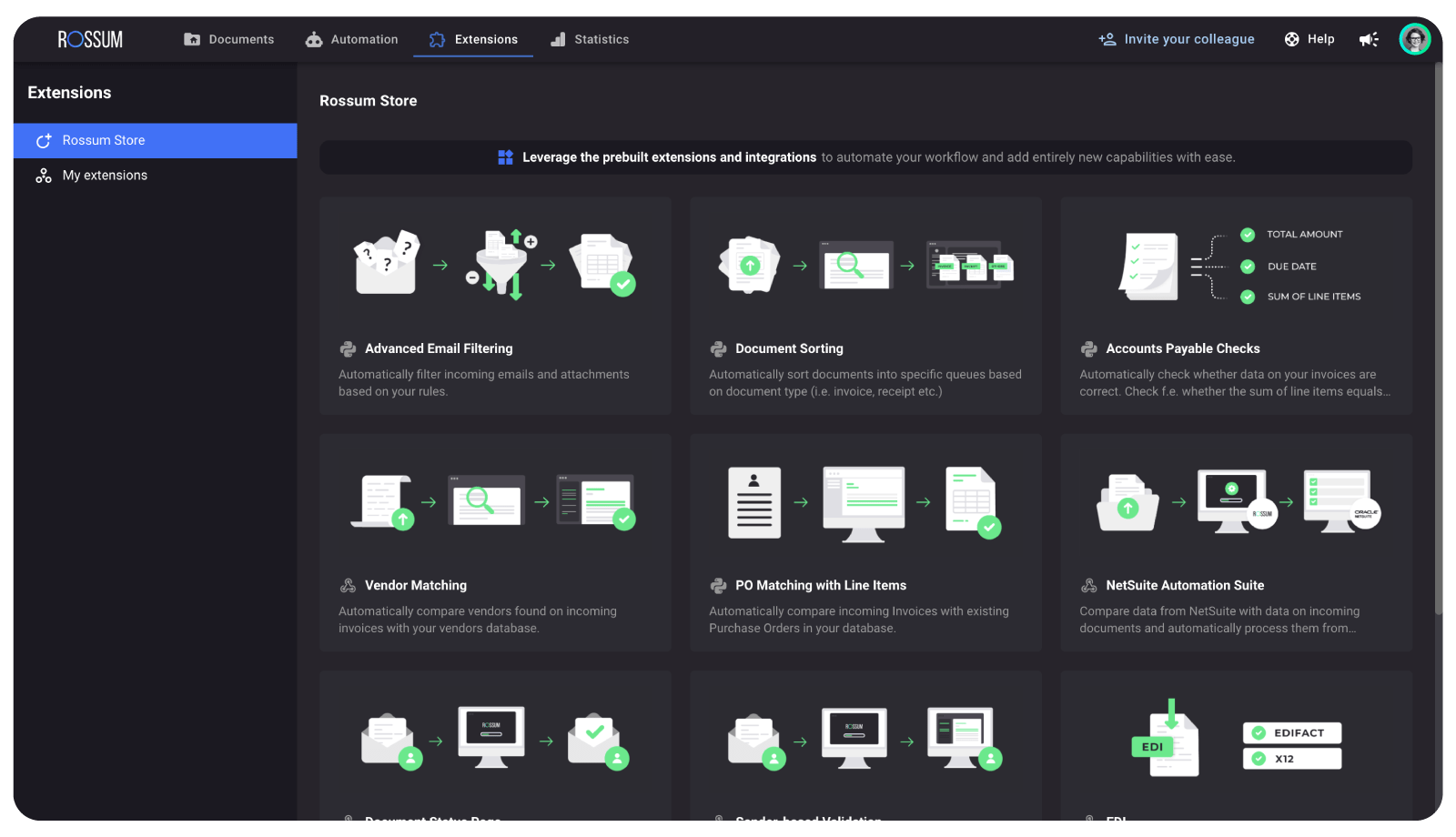 Apps available in Rossum's AI document processing platform store.