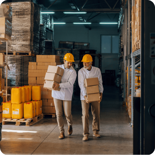 Construction document management software with two people carrying boxes walking through a warehouse.