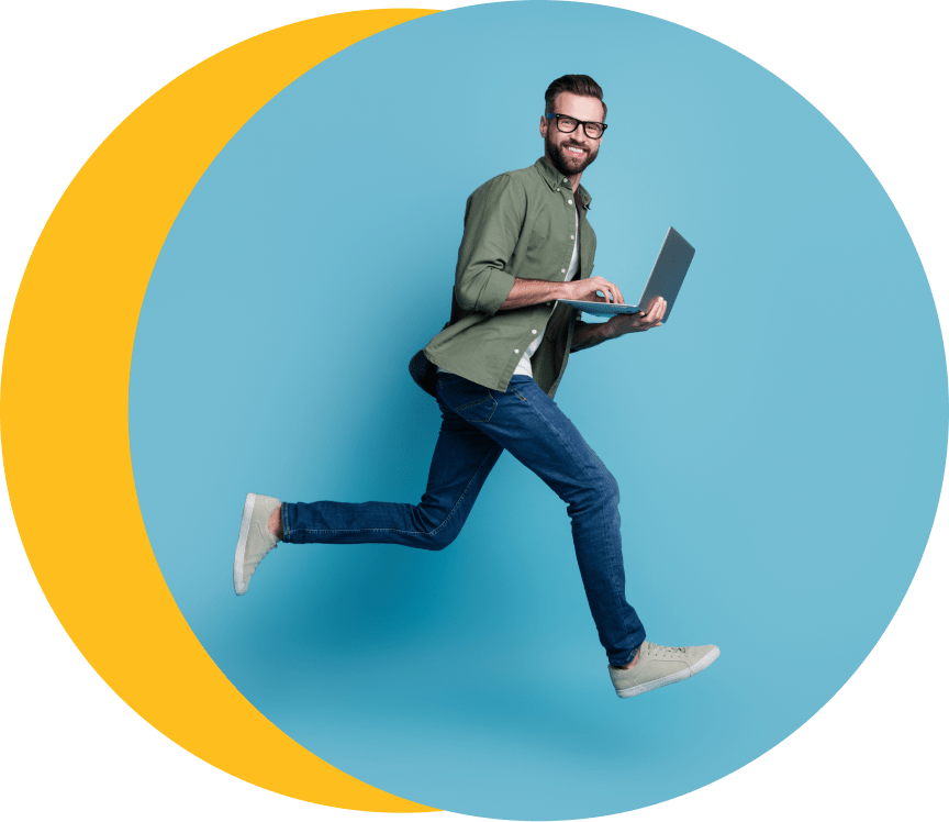 Person looking happy, jumping. Holding a laptop. Hero for SAP integration page.
